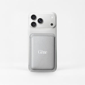 Gêne phone wallet in silver, magnetic card holder on the back of a phone