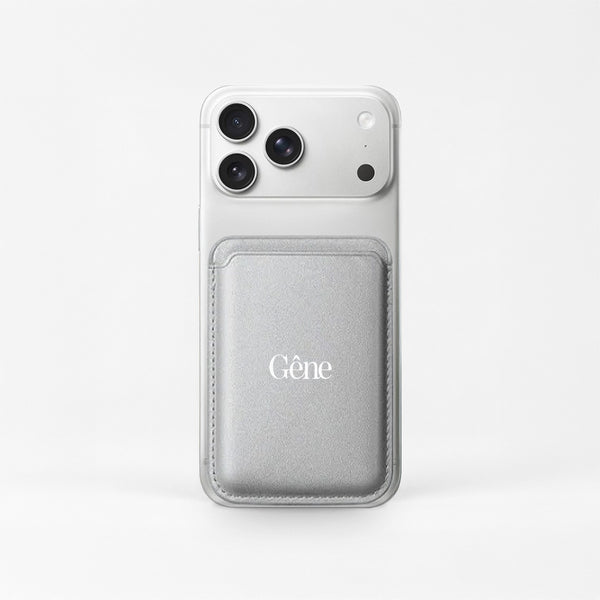 Gêne phone wallet in silver, magnetic card holder on the back of a phone